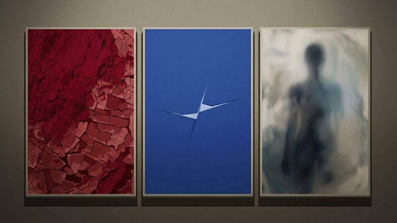 Abstract triptych with translucent wax layers revealing subtle figurative forms beneath monochrome pigment fields