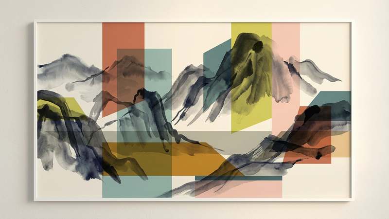 Abstract contemporary composition blending ink wash textures with vibrant colour blocks, suggesting a dialogue between Eastern and Western artistic traditions