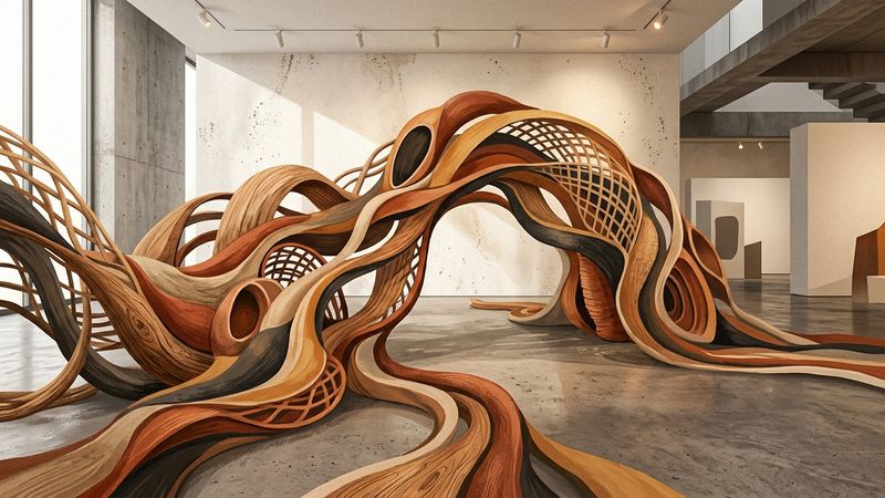 Abstract sculptural form incorporating organic materials within gallery space, suggesting healing and community gathering