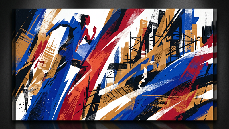 Abstract acrylic painting featuring bold blue and white strokes evoking motion and urban energy, displayed in a modern gallery setting