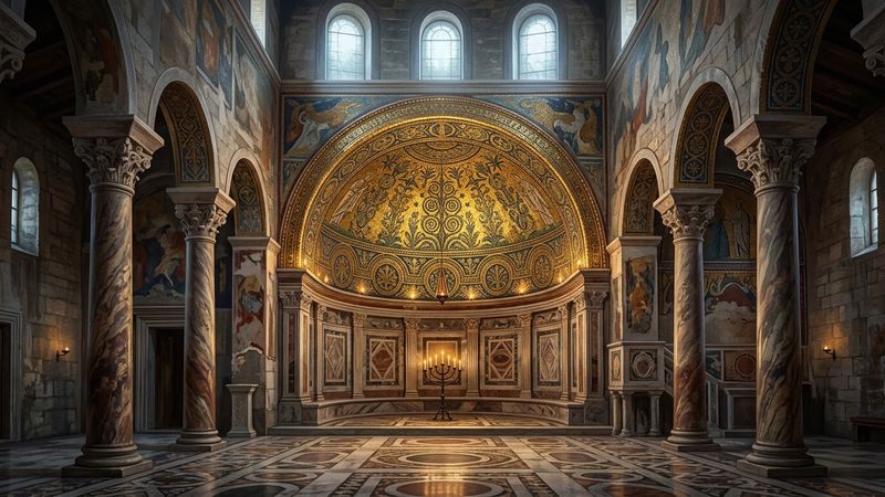 Gold-ground apse of a Western church, tesserae catching candlelight over marble columns, empty of figures and inscriptions