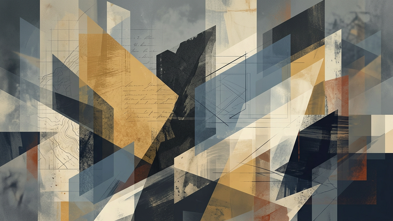 Abstract composition featuring layered geometric forms and muted archival tones suggesting historical fragmentation