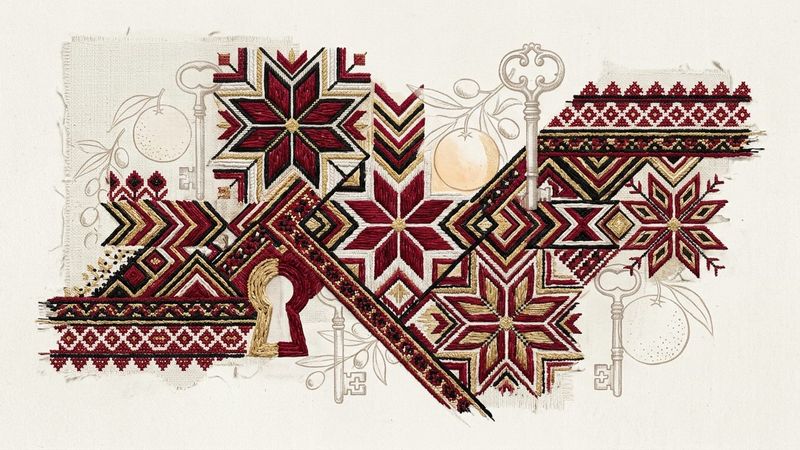 Editorial illustration: abstract composition evoking Palestinian embroidery patterns and displaced keys against a muted gallery wall