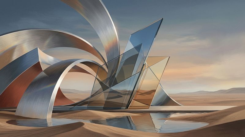 Abstract contemporary architectural rendering of a sweeping curved museum structure on a coastal promontory