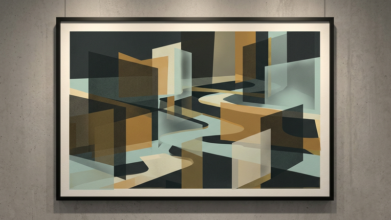 Abstract composition featuring layered geometric shapes in muted gold and slate blue, evoking architectural lines of the Golden Horn waterfront