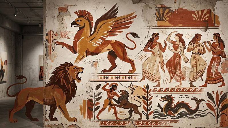 Abstract composition of Etruscan fresco motifs including griffins, lions and mythological figures in earth tones