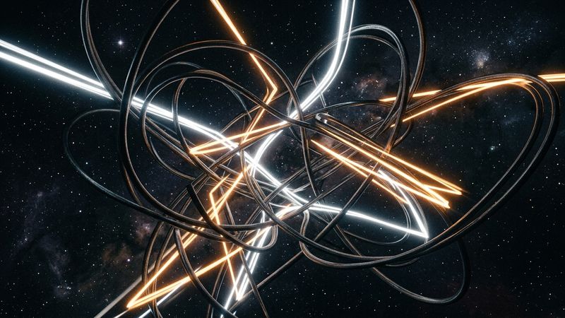 Abstract illustration of light refracting through geometric wire loops against a dark void, evoking quantum uncertainty