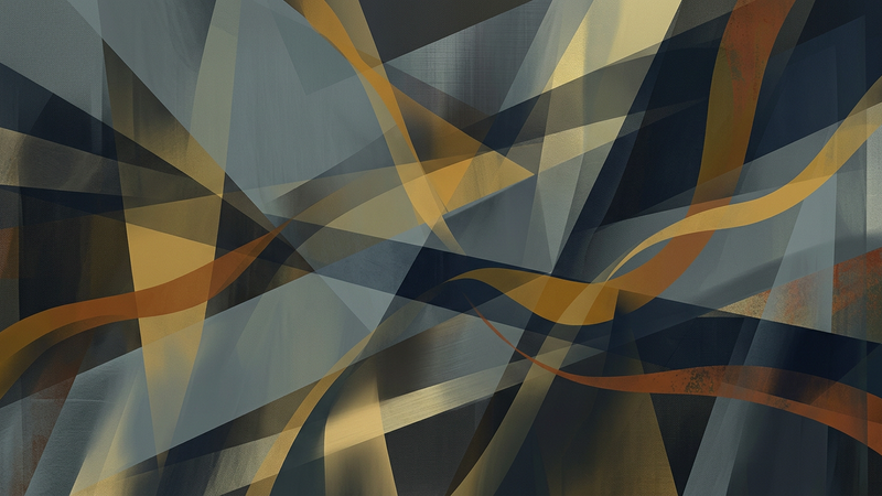 Abstract contemporary composition featuring fragmented architectural silhouettes and muted gold tones against a deep blue background
