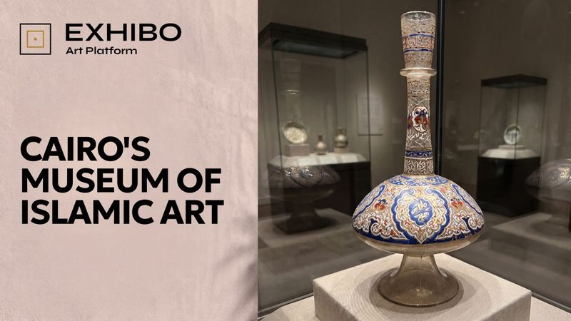 An enamelled medieval Syrian glass bottle in a display case at Cairo's Museum of Islamic Art, restored after the 2014 bombing, the mend faintly visible in the glass.