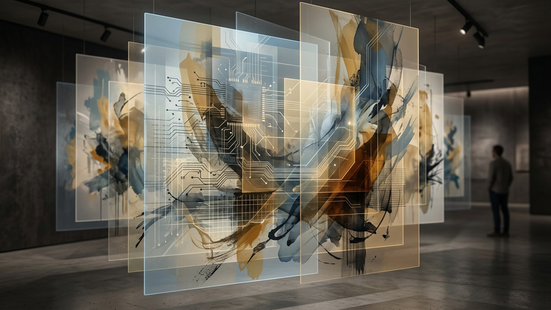 Layered translucent planes in muted blue and ochre, with fragmented circuit patterns dissolving into organic brushstrokes, evoking digital infrastructure meeting human creativity.