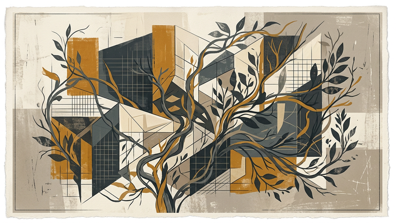 Abstract contemporary composition featuring layered botanical forms, muted earth tones, and geometric architectural fragments dissolving into atmospheric mist