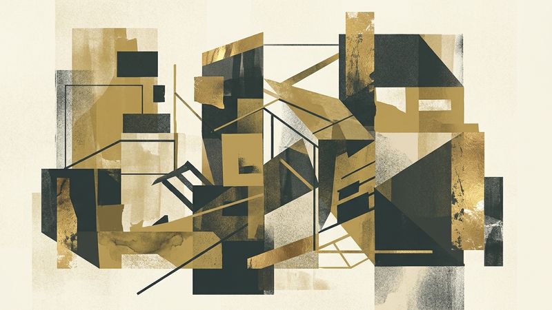 Abstract contemporary composition featuring layered geometric shapes in muted gold and charcoal, evoking cultural artefacts and trade routes.
