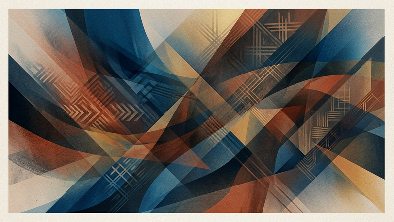 Abstract contemporary illustration evoking Caribbean maritime currents and layered archival textures