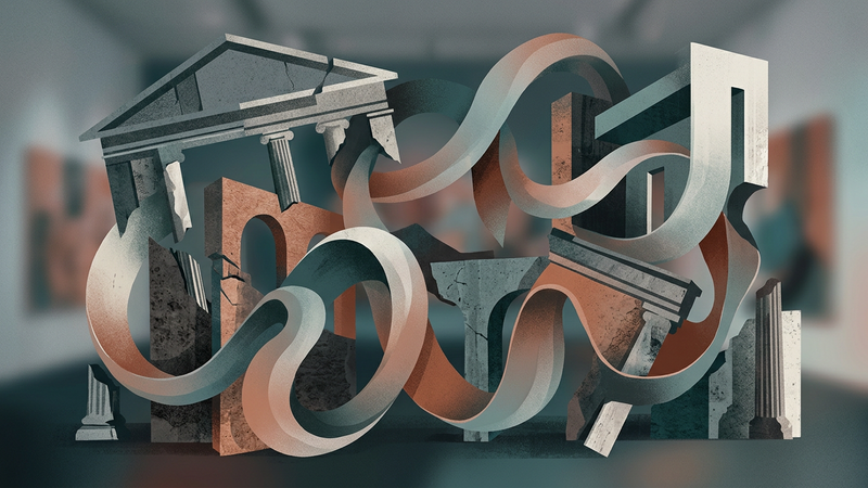 Abstract composition featuring layered geometric shapes in muted blues and ochres, evoking institutional architecture and contemporary gallery spaces.