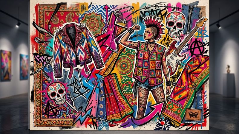 Abstract representation of South Asian textiles and punk fashion elements