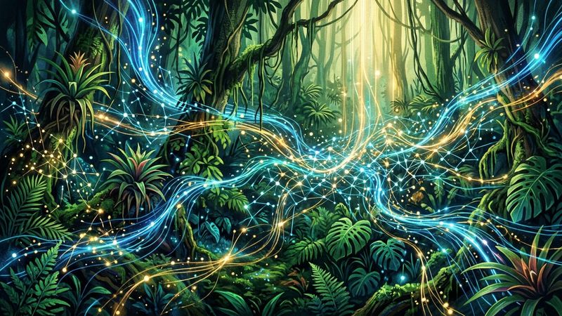 Abstract visualisation of luminous data streams flowing through a dense, imagined rainforest canopy in vivid greens and electric blues