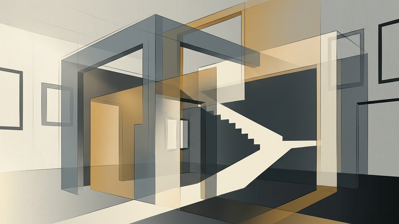 Abstract contemporary composition featuring layered geometric shapes in muted gold and charcoal tones, evoking architectural facades and museum interiors