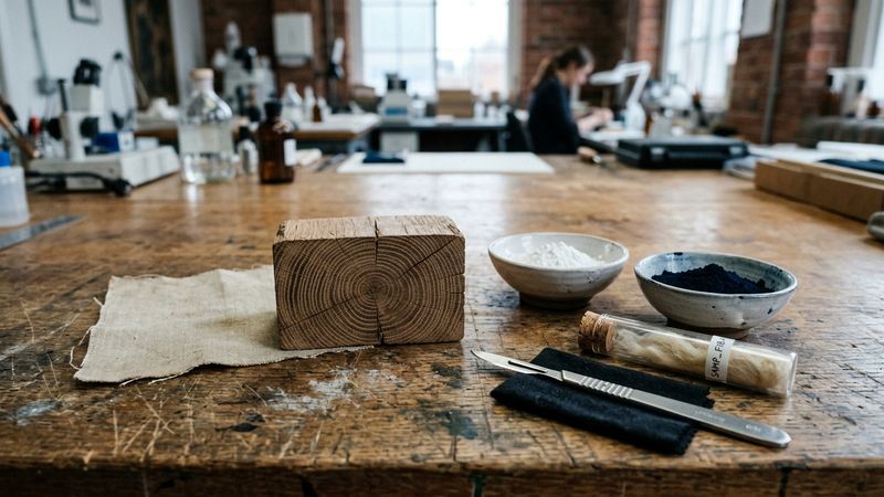 Conservation-science still life with linen canvas scrap, oak panel end-grain, and bowls of white and blue pigment on a north-lit bench