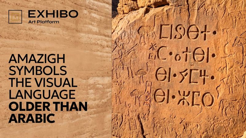 Stylised illustration of Tifinagh-like signs incised on a sandstone panel among desert rock-art figures of cattle, horsemen and ostriches — evoking the Libyco-Berber inscriptions of southern Morocco.