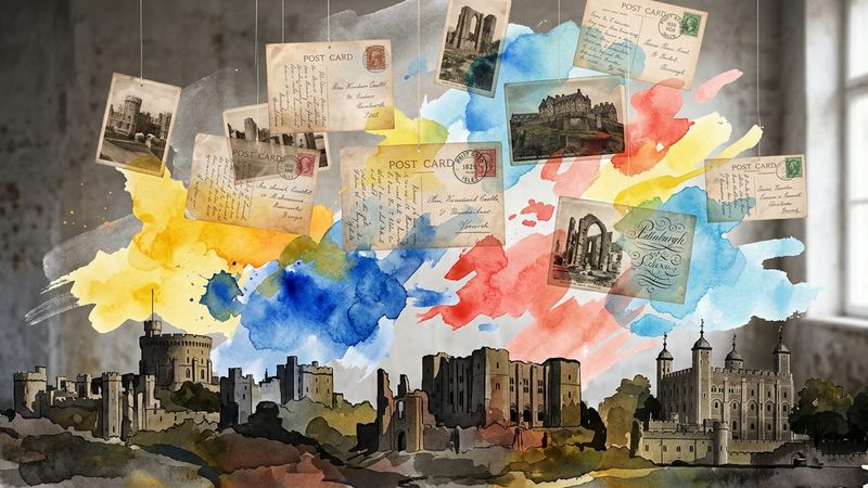 Abstract contemporary illustration showing vintage postcards floating above historic English castle silhouettes with colourful children's illustration elements