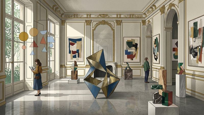 Contemporary art installation in historic Parisian building interior with abstract sculptures