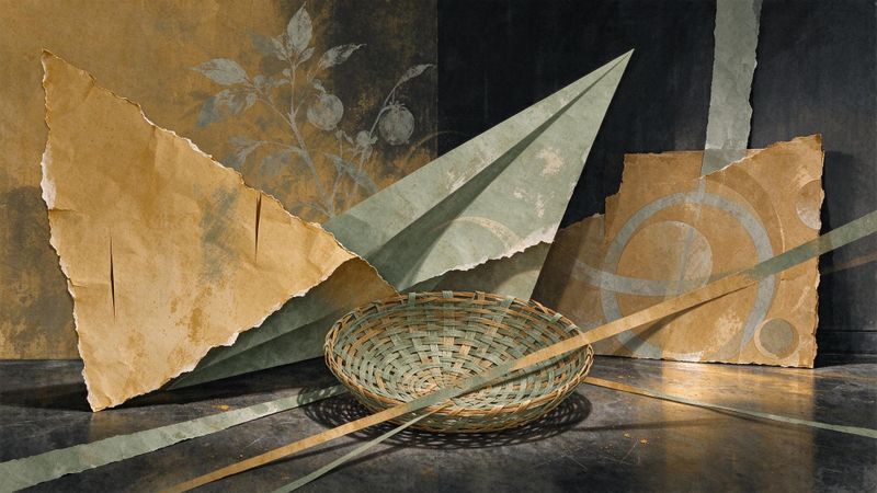 Abstract contemporary composition featuring layered botanical motifs and muted earth tones evoking Victorian textile design