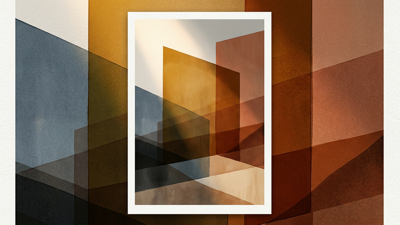 Abstract contemporary composition featuring geometric shapes and warm desert tones evoking modern Middle Eastern architecture