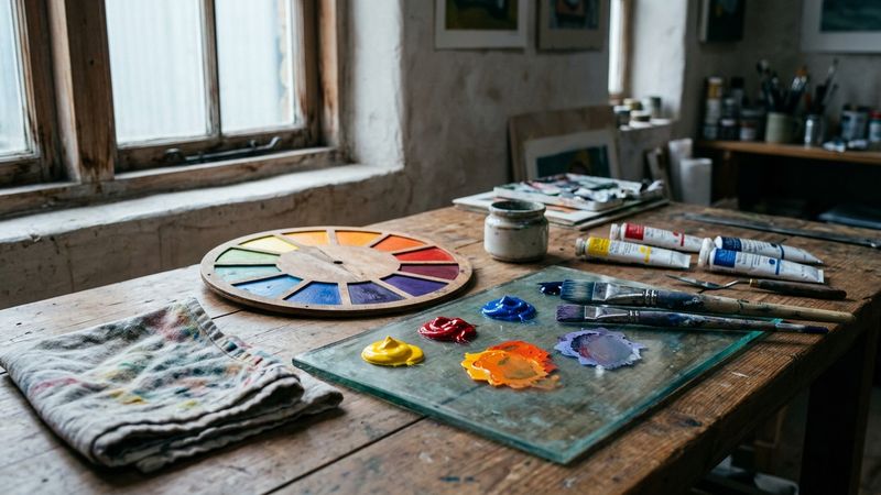 Studio still life of a wooden colour wheel, glass mixing slab with unmixed yellow red and blue gouache, and a grey value strip, cool north-window light, no readable labels.