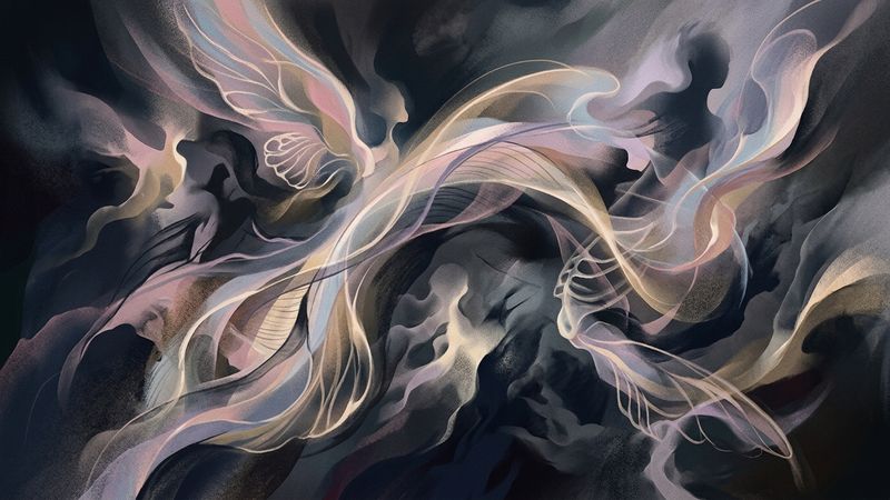 An abstract composition evoking ethereal figures and dreamlike landscapes in muted tones.