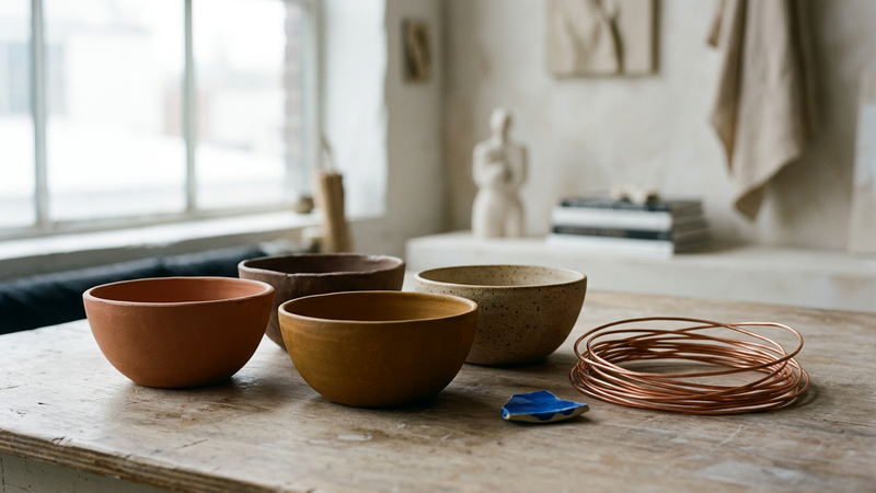 Studio table of related ceramic bowls in one earth palette, copper wire and a single contrasting blue shard, cool north window light, no readable text.