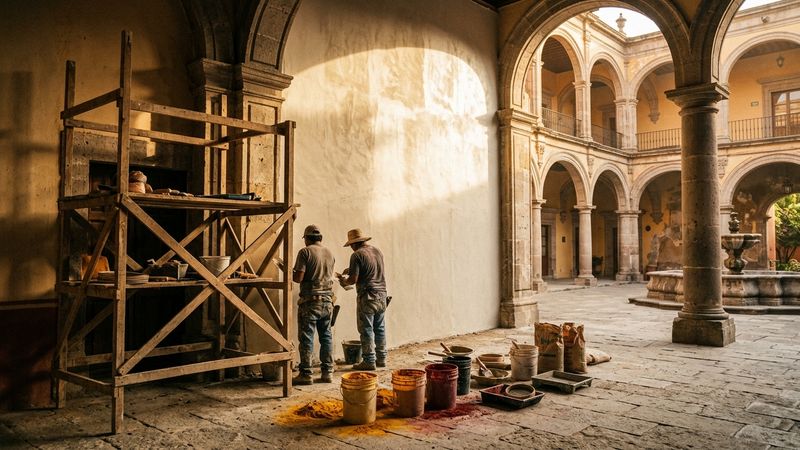 Sunlit colonial courtyard with scaffold boards and buckets of earth-coloured pigment beside a vast unfinished plaster wall, Mexico City atmosphere
