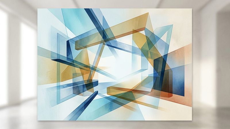 Abstract contemporary composition featuring fragmented geometric planes in muted tones intersecting with luminous gradients