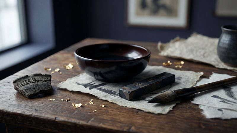 Editorial still life of Japanese art materials: lacquer bowl, ink stick, brush, coiled clay shard and gold leaf scraps on dark wood under cool sidelight
