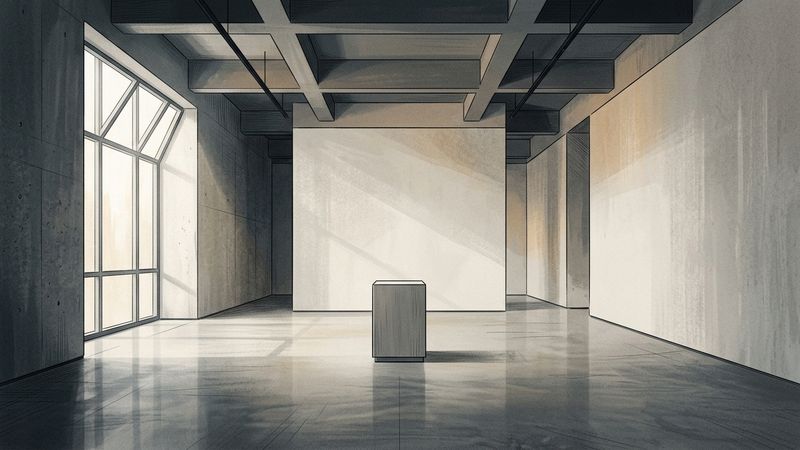 Abstract editorial illustration of an empty contemporary art gallery space near Basel's Messeplatz, with soft light filtering through a modern glass facade.