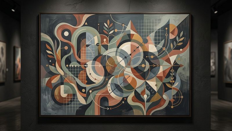 Abstract composition blending geometric forms and fluid lines, evoking dialogue between institutions and artists.