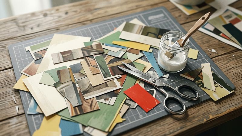 Studio tabletop with scissors, cut magazine fragments, glue brush and heavy paper support, shallow depth of field, editorial art-magazine still life