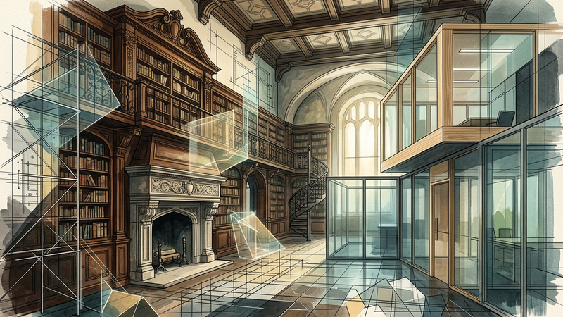 Interior of the New York Society Library showing walnut panelling, sculpted fireplace mantels and glass-partitioned offices after renovation.
