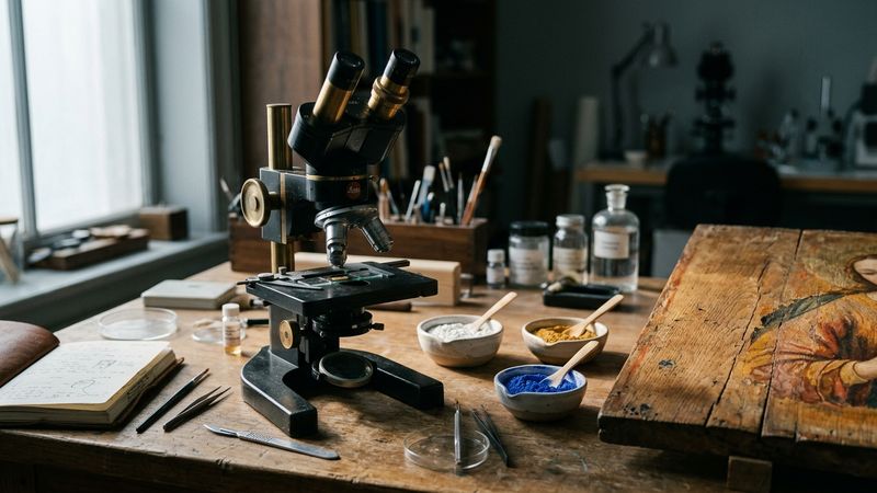 Stereomicroscope and glass slides of paint cross-sections on a dark bench beside small bowls of dry earth and blue pigment, raking light on the corner of an anonymous oak panel.