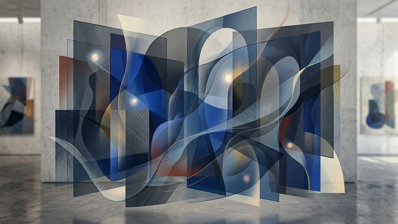 Abstract representation of contemporary art curation with flowing geometric forms and conceptual elements in muted tones