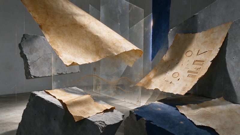 Abstract contemporary composition featuring layered geometric forms and muted earth tones suggesting archival textures