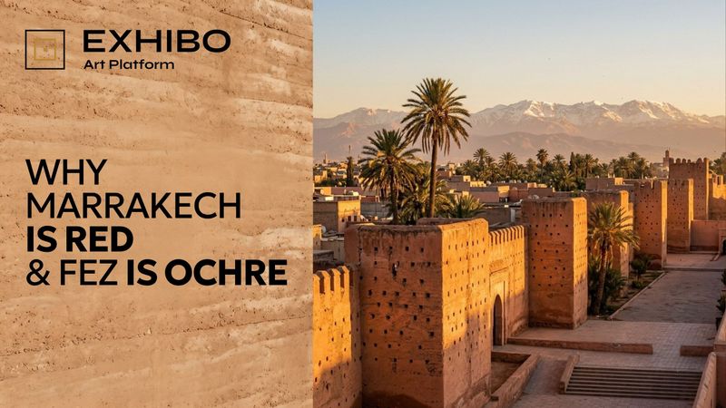 The red rammed-earth ramparts of Marrakech at golden hour, pocked with putlog holes, the Atlas mountains beyond.