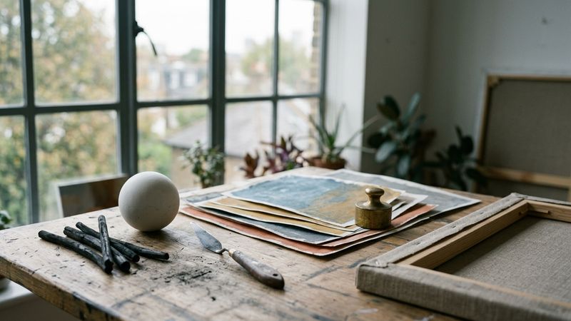 Studio still life of charcoal sticks, a plaster sphere, torn gouache papers and a linen canvas under north window light, suggesting the raw materials of line, form, colour and texture