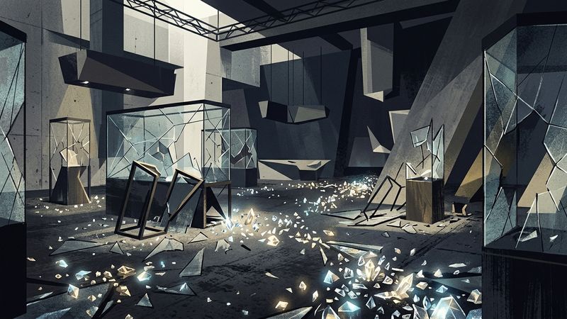 Shattered glass display cases with scattered crystal pieces in a contemporary art museum setting.
