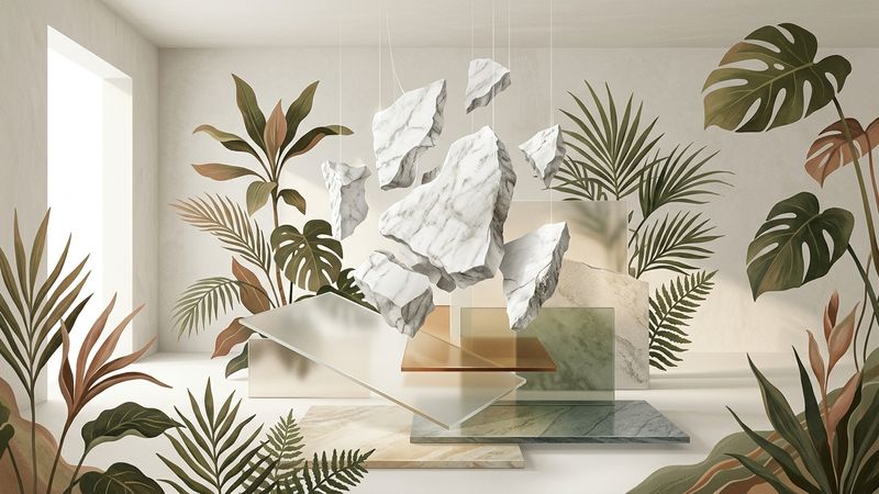Abstract contemporary illustration of fragmented marble forms interacting with geometric glass structures and lush foliage