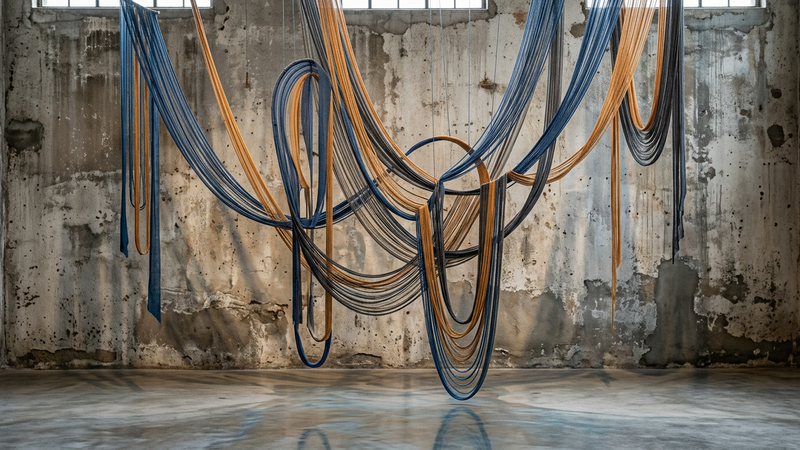 Abstract textile installation with flowing coloured threads against industrial backdrop