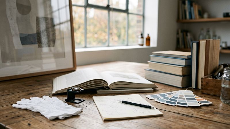 Soft daylight across a work table with gloves, a loupe, condition notes and reference books beside a framed print, suggesting appraisal research rather than a sale room.