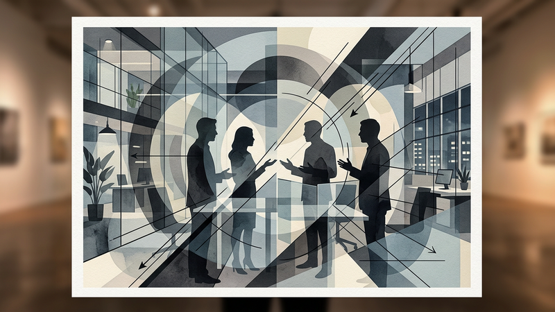 Abstract composition of museum workers in discussion, with geometric forms suggesting tension and dialogue