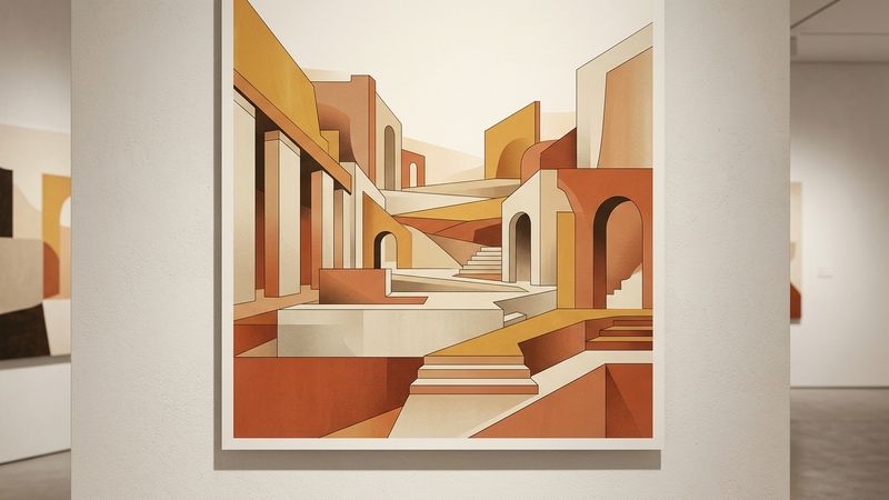 Abstract contemporary illustration of layered limestone textures and geometric patterns inspired by ancient Egyptian architecture