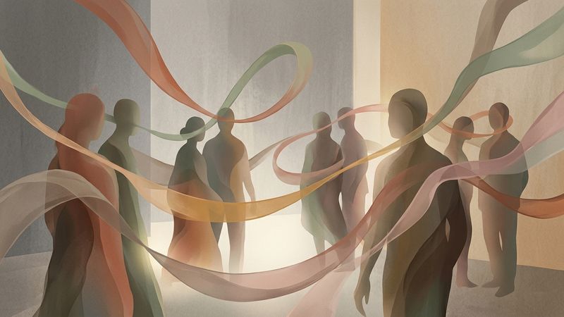 Abstract representation of whispered communication through flowing lines and translucent forms suggesting movement between bodies