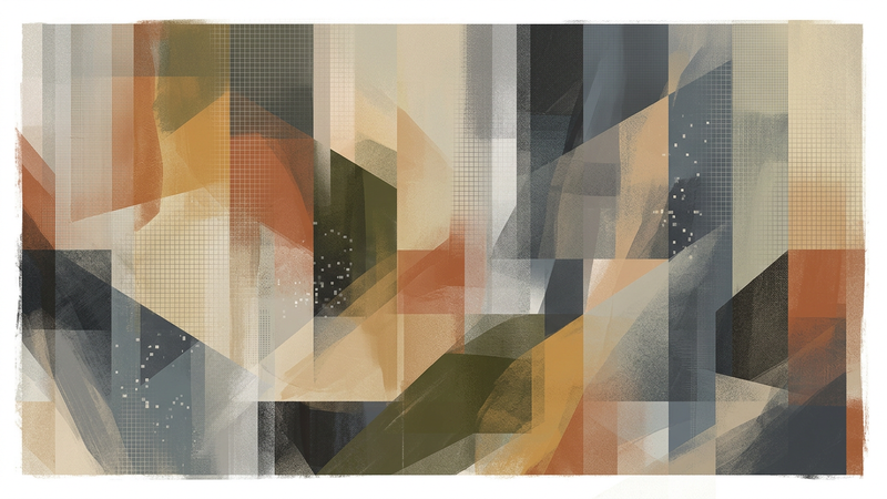 Abstract composition of layered wax, textile fragments, and digital point-cloud projections evoking diasporic memory and technological transformation